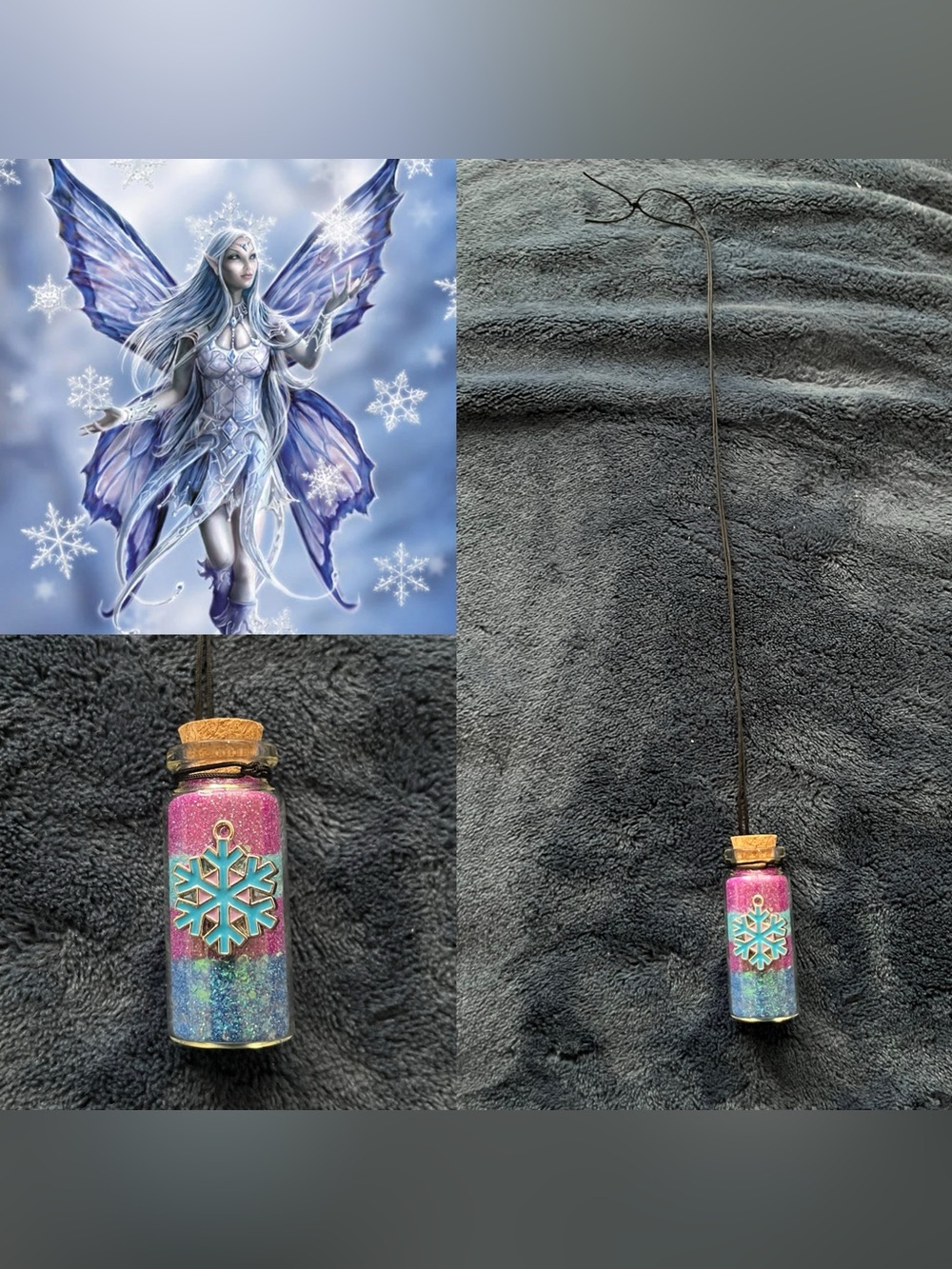 Snowflake Pendant Fairy Potion Bottle Necklace - Purple & Iridescent Blue